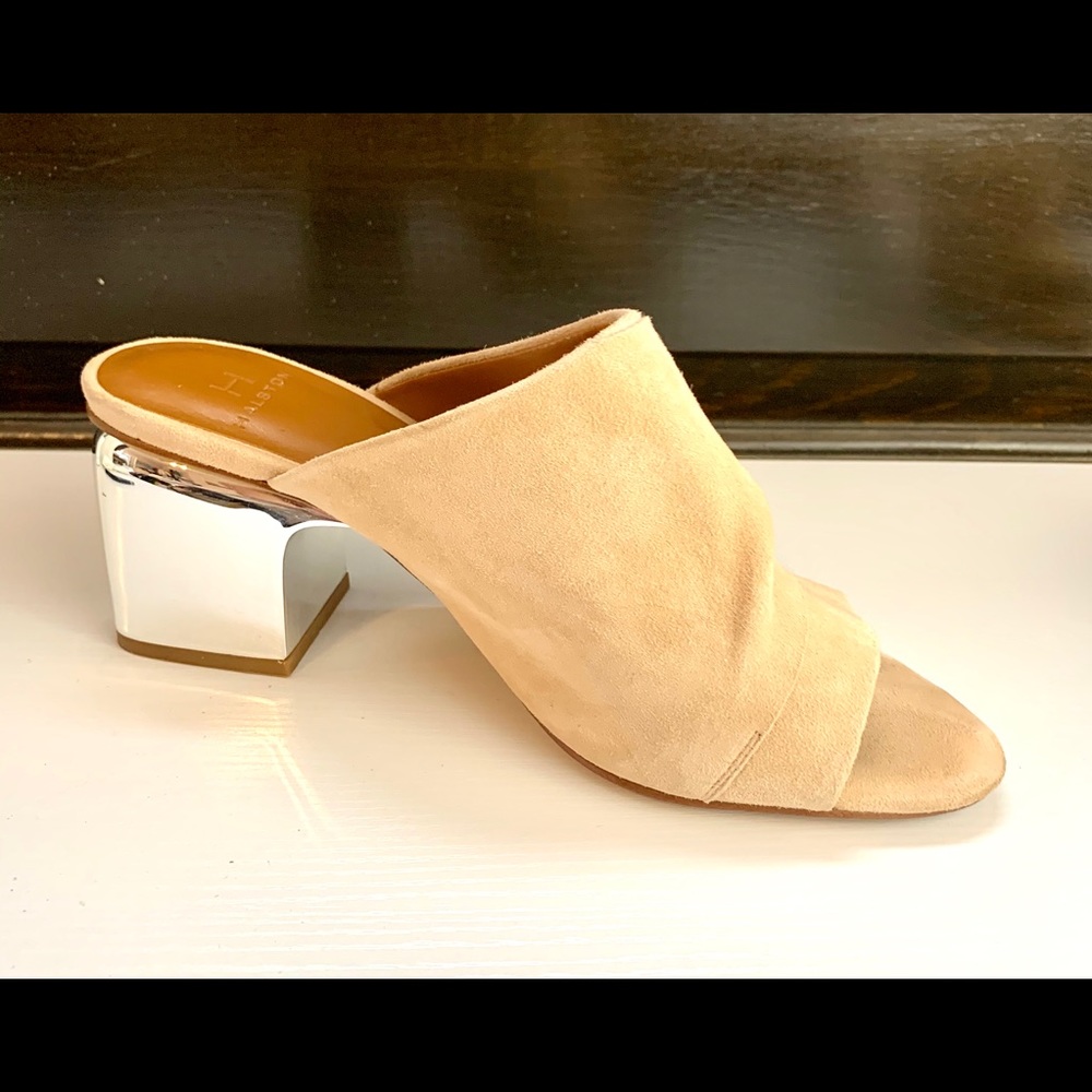 H HALSTON Nude Suede Mirrored Block Heel Slides - Picture 4 of 8